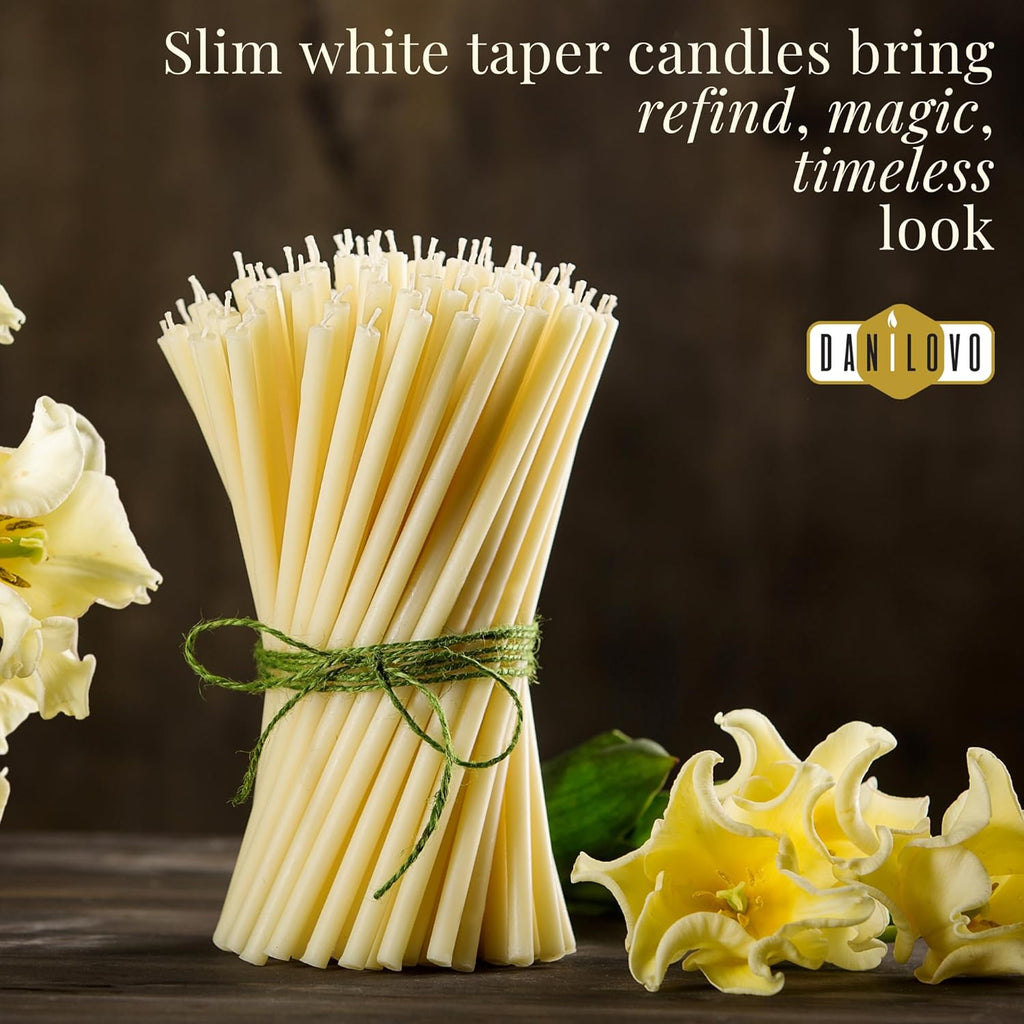 Thin Taper Beeswax Candles - Honey-Scented, Decorative Candles Ideal for Birthday Decoration or Church Prayers - White Drip Free, Tall & Smokeless Pack of 50 Pcs, 5.9 X 0.2 Inch