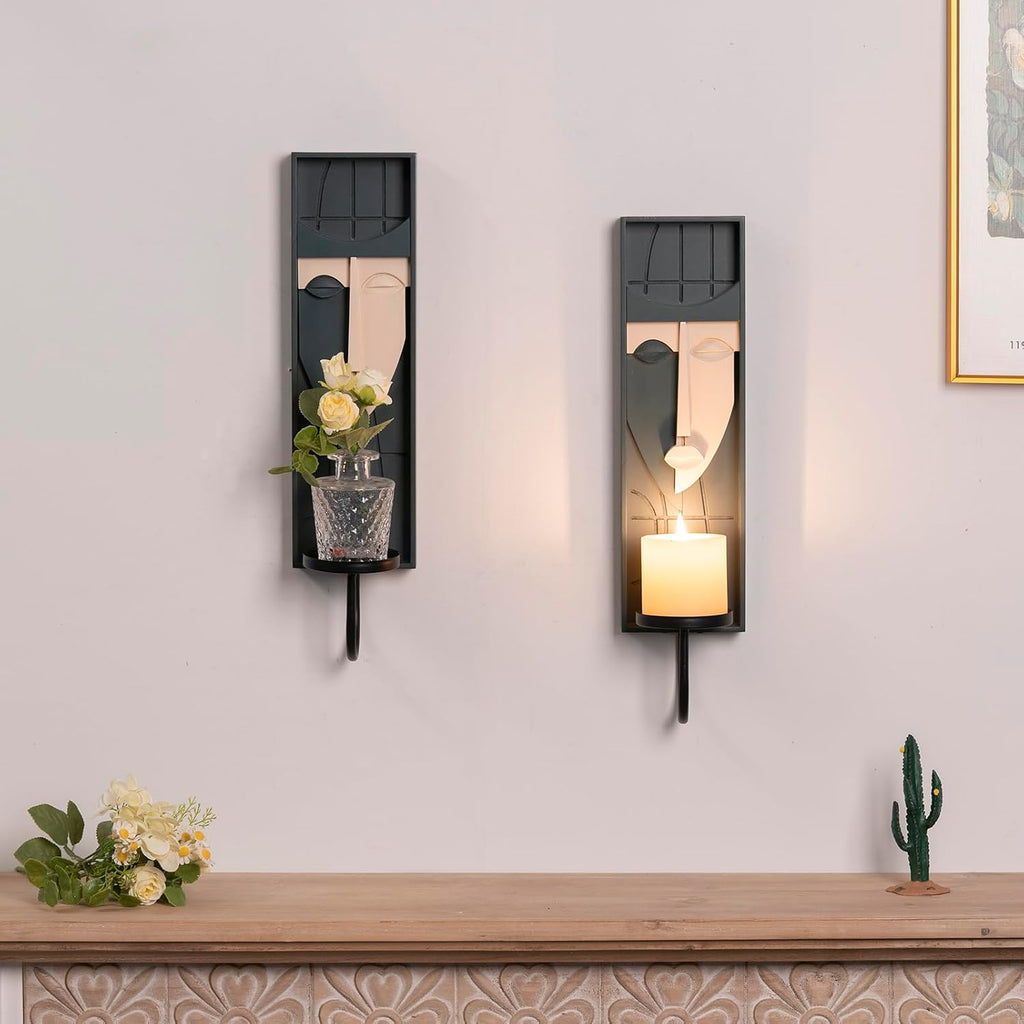Set of 2 Boho Wall Decor, Modern Abstract Face Candle Sconces, Artistic Sculptural Design, 17.7 X 4.33 X 5.1 Inches, Blackish Green