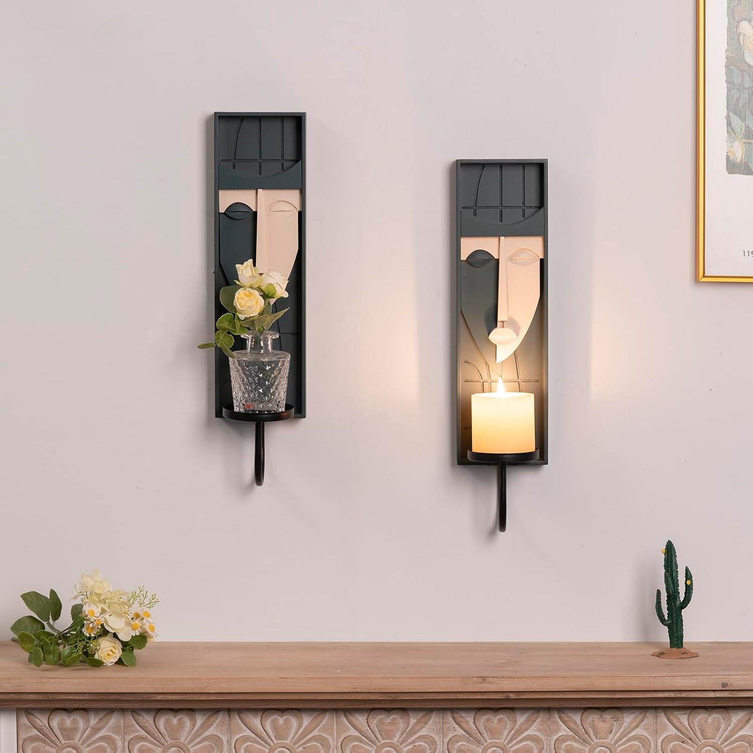 Set of 2 Boho Wall Decor, Modern Abstract Face Candle Sconces, Artistic Sculptural Design, 17.7 X 4.33 X 5.1 Inches, Blackish Green