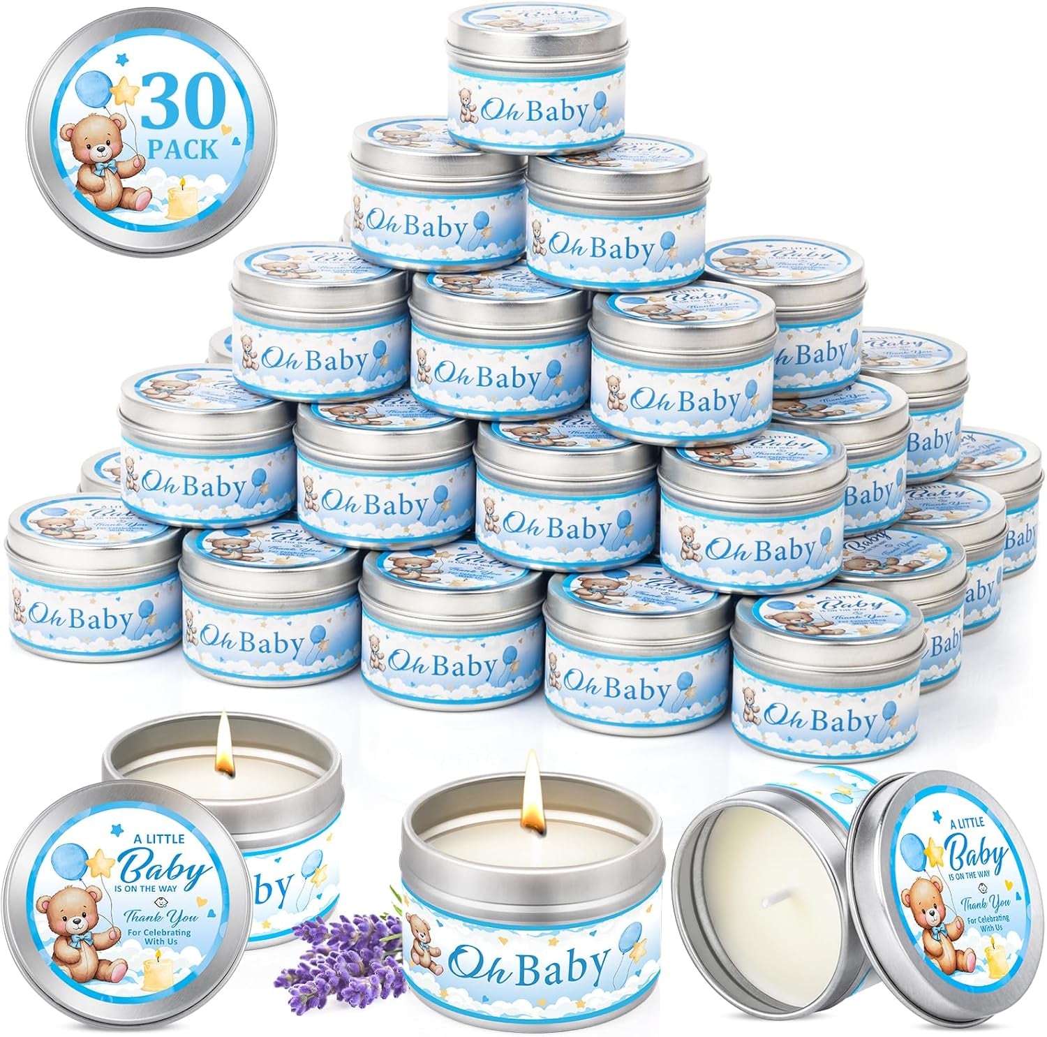 30 Pack Baby Shower Party Favors Candles Lavender Scented, Baby Shower Favors for Guests Prizes, Girl Boy Gender Reveal Party Gifts Decorations (1.2 Oz, Blue)