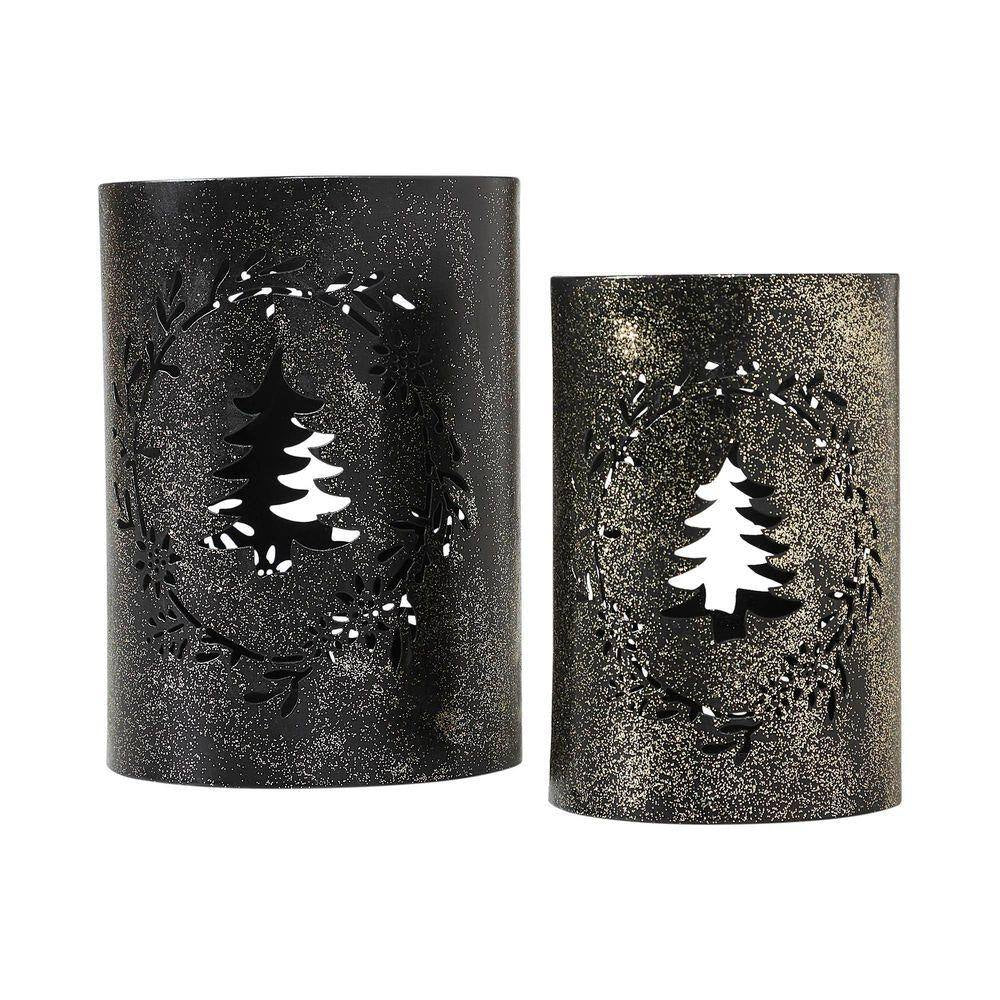 Gold Dusted Black Wreath and Tree Metal Candle Holder 2-Pack