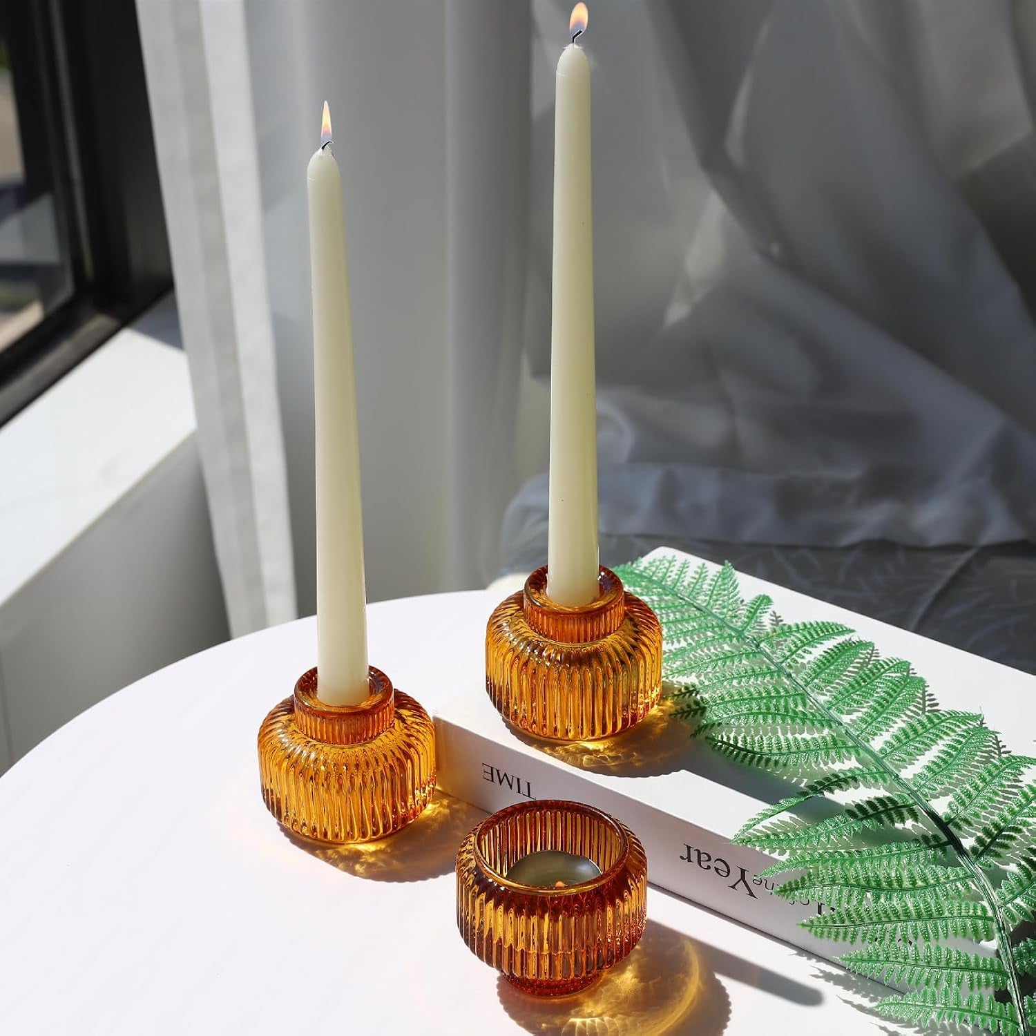 Candlestick Holders Set of 4, Amber Votive Candle Holders for Fall Wedding Table Centerpiece, Ribbed Glass Taper Candle Holders for Dinner Party Halloween Thanksgiving Decor