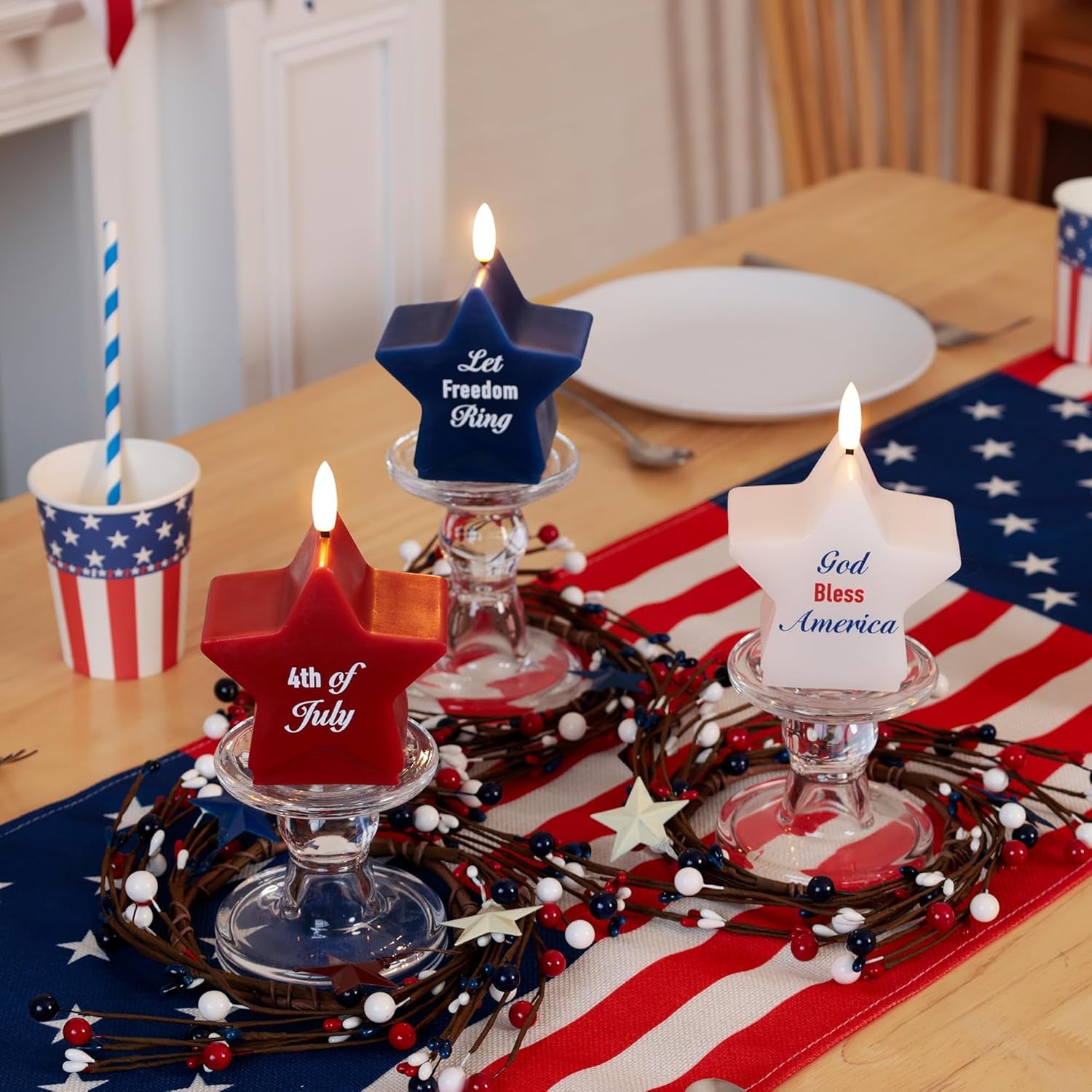 4Th of July Star Shaped Flameless Candles with Remote and Timer, Real Wax Red White and Blue LED Candles, 250Th Anniversary Patriotic Battery Operated Fourth of July Decor Set