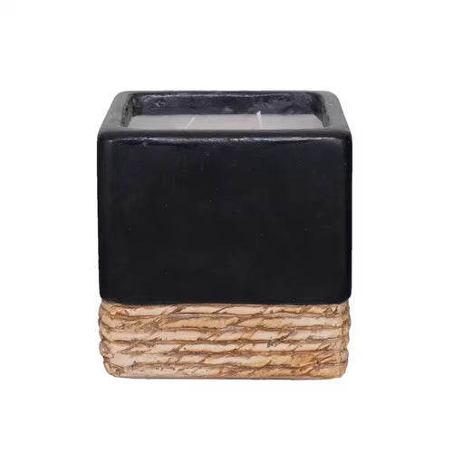 (Set of 2) Matte Black Square Twisted Seagrass Citronella Candle with Faux Band