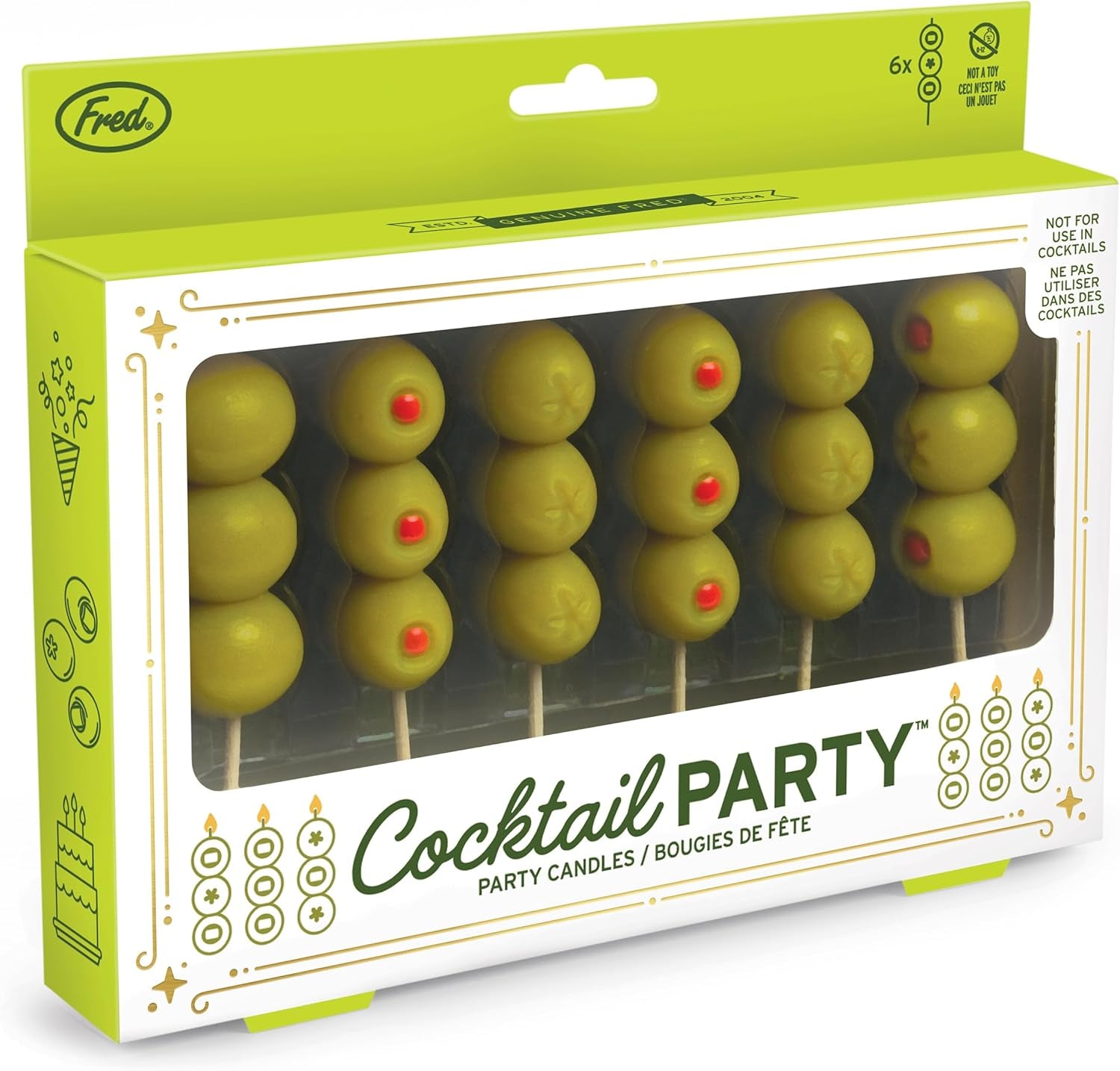 Cocktail Party Olive Birthday Candles – Set of 6 Martini Olive Celebration Candles with Wooden Picks – Fun Decoration for Parties, Birthdays, and Happy Hour