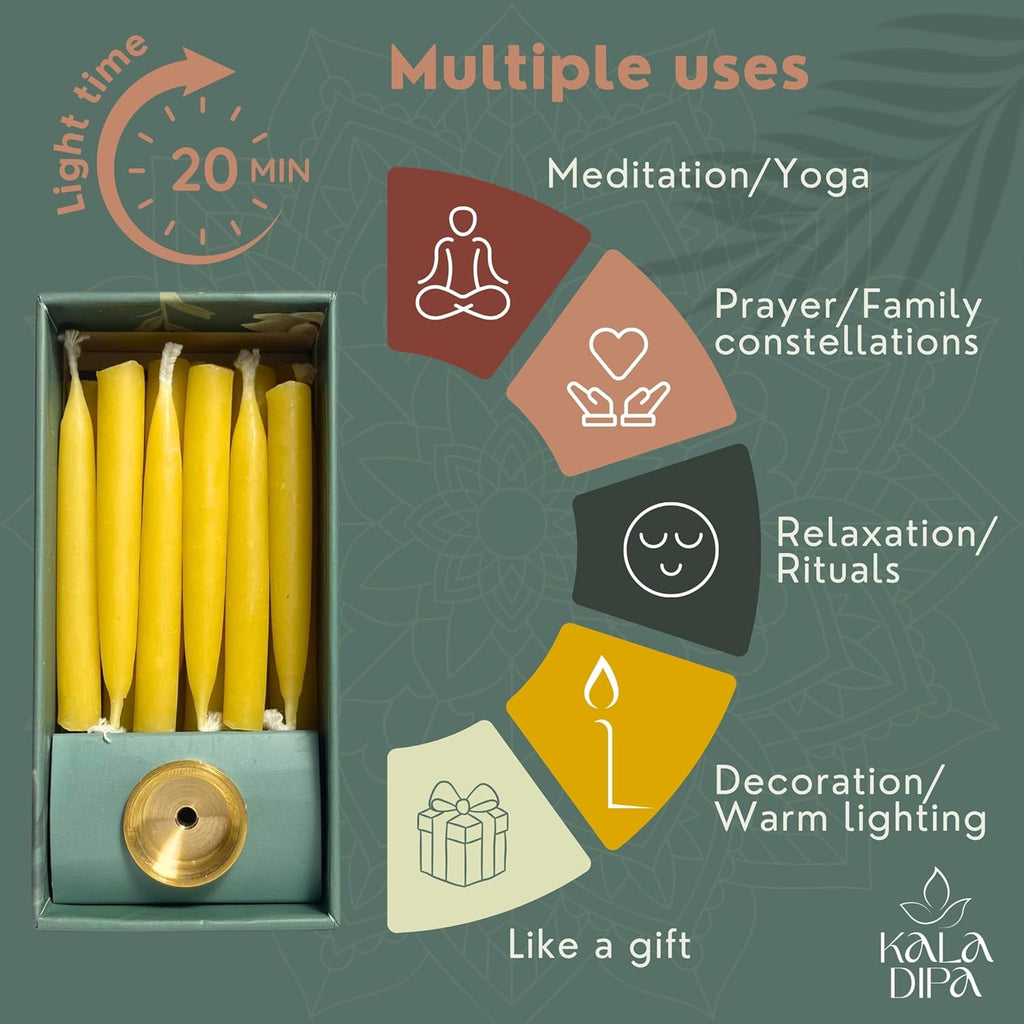 20 Minute Beeswax Meditation Candles – Set of 20 Mini Taper Candles with Brass Candle Holders, Dripless & Smokeless – Ritual, Yoga & Mindfulness Gift –