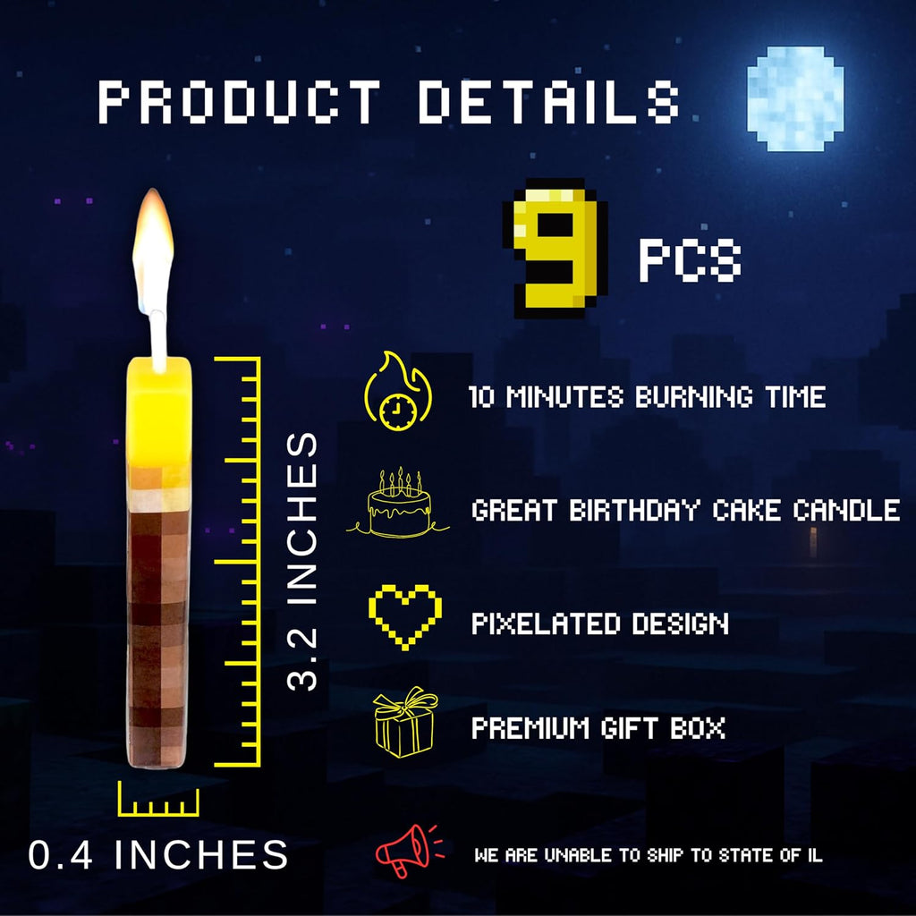 Gamer Birthday Cake Torch Candles | Video Game Happy Birthday Party Decorations for Kids | Birthday Cake Toppers Party Supplies Decor for Boys and Girls | Pack of 9 Wax Free Cake Protection and Spikes
