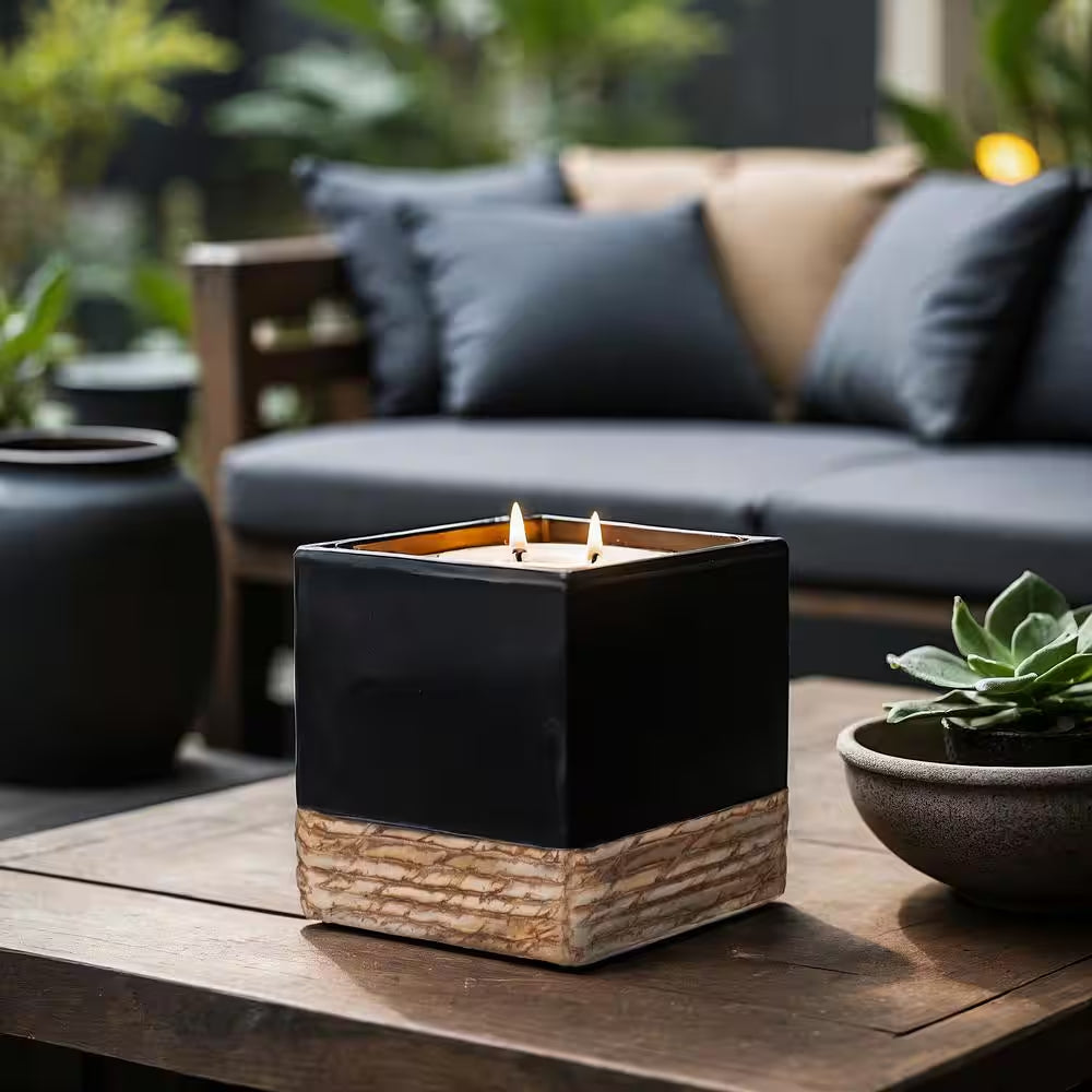 (Set of 2) Matte Black Square Twisted Seagrass Citronella Candle with Faux Band