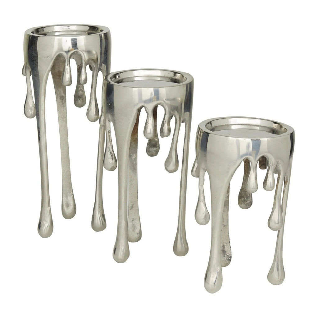 3 Candle Silver Aluminum Metal Abstract Drip Candle Holder with Melting Designed Legs, Set of 3