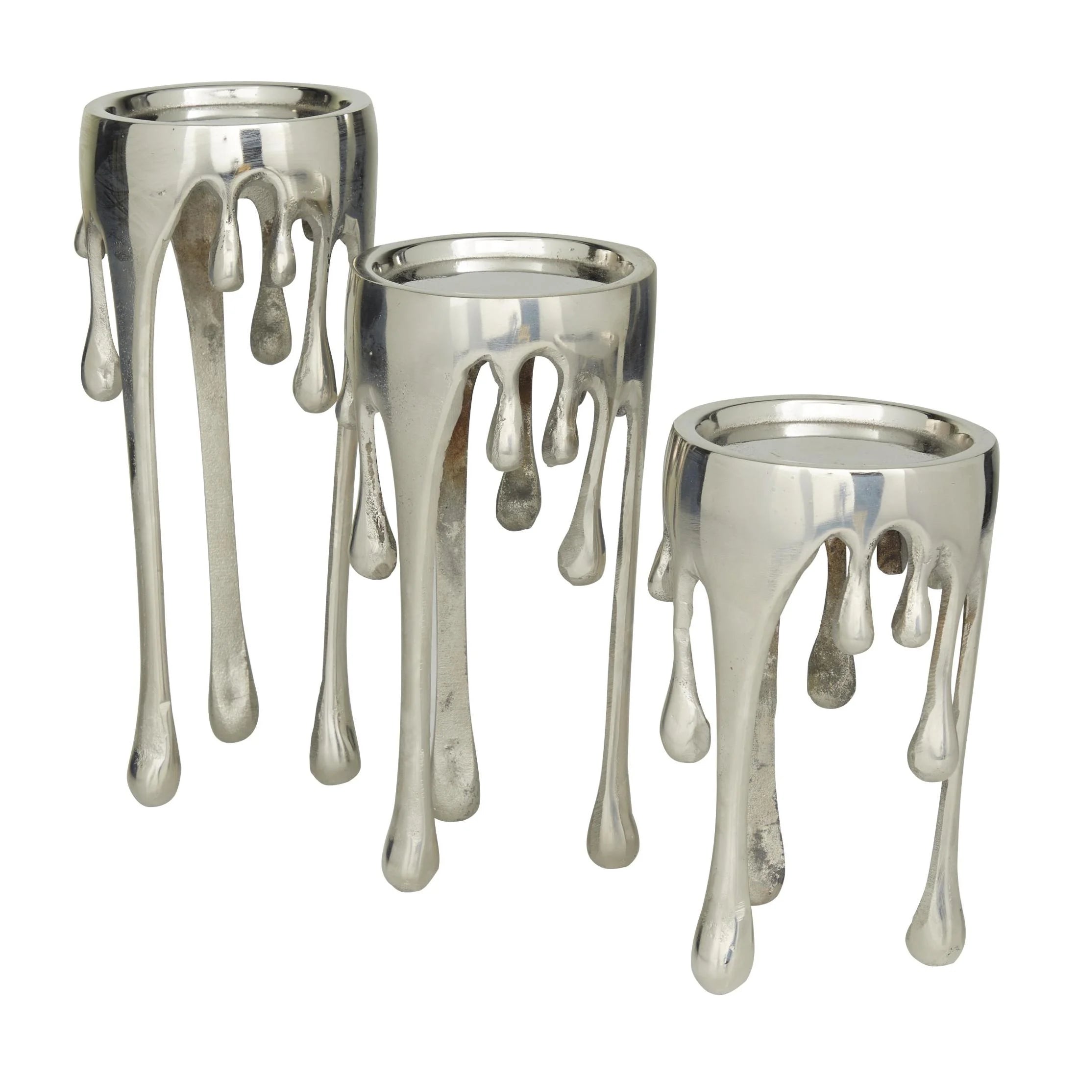 3 Candle Silver Aluminum Metal Abstract Drip Candle Holder with Melting Designed Legs, Set of 3