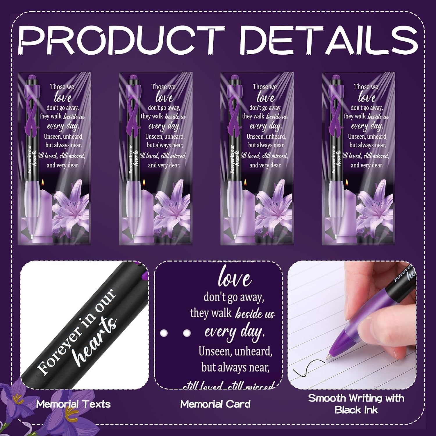 60 Set Memorial Funeral Favor for Guest Thank You Set - 60 Funeral Ballpoints and Prayer Cards, 100 Bags & Twist Ties, Sympathy Gift for a Memorial Service Purple Ribbon Awareness(Purple)
