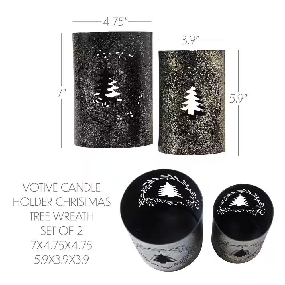 Gold Dusted Black Wreath and Tree Metal Candle Holder 2-Pack