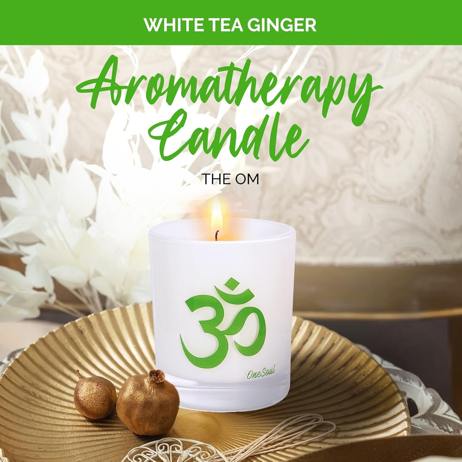 White Tea Ginger Aromatherapy Scented Candles, Luxury Spa Lemony Citrus Yoga Candles for Home Scented with Om Design, Hand-Poured Soy Candles, 50 Hours Burning Time, 7.6 Oz. -