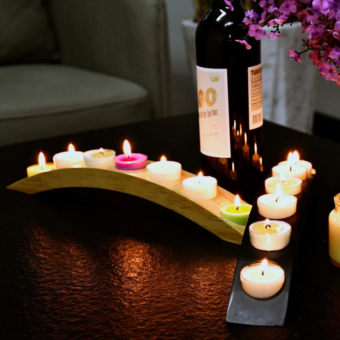 Wooden Bridge Candle Holders 15 Inch in Length, Long Tea Light Candle Holders Bar, 7 Candle Seat-Black