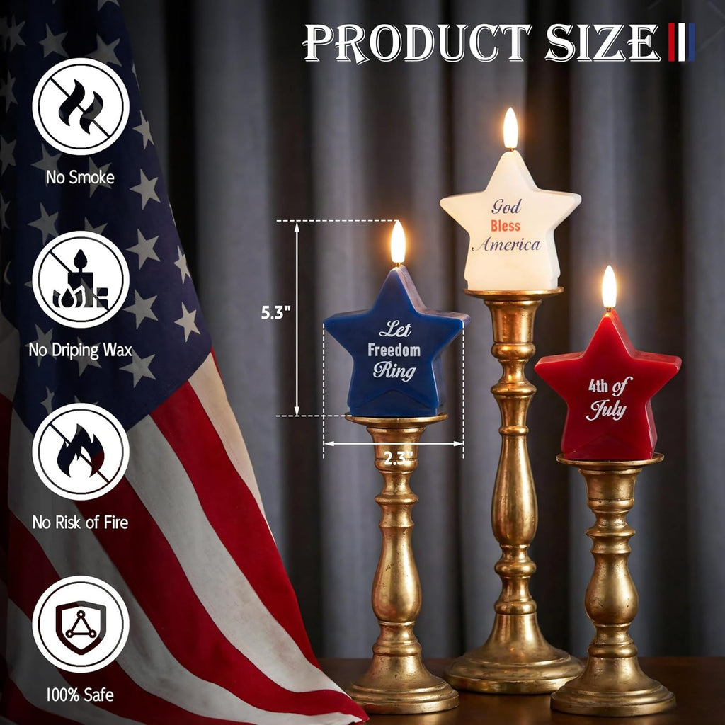 4Th of July Star Shaped Flameless Candles with Remote and Timer, Real Wax Red White and Blue LED Candles, 250Th Anniversary Patriotic Battery Operated Fourth of July Decor Set