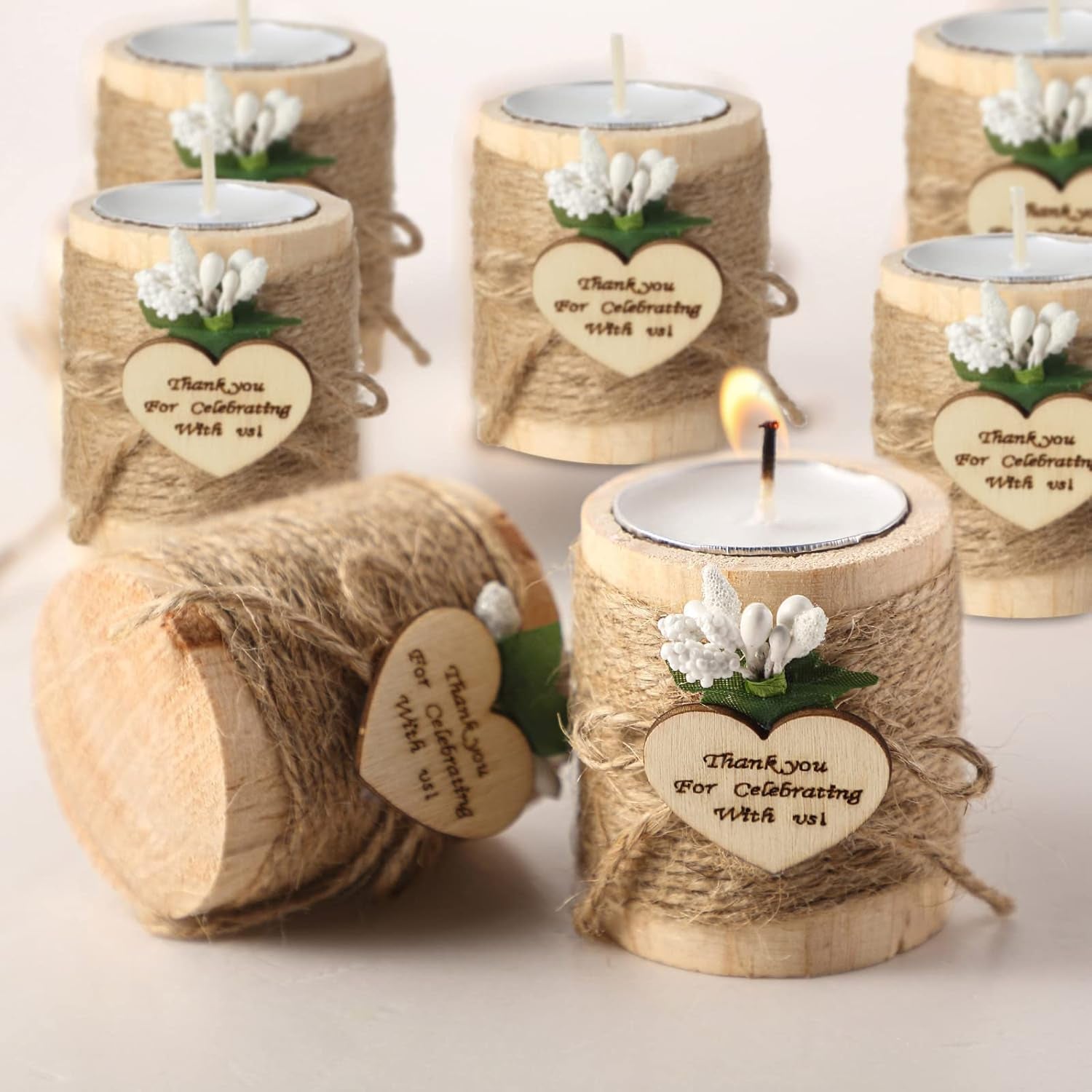 12 Pcs Wood Tealight Candle Holder Bridal Shower Tealight Holder Rustic Wooden Cylinder Candle Holders with Tea Lights Candles for Wedding Baby Shower Party Favors Gift(Natural Color)