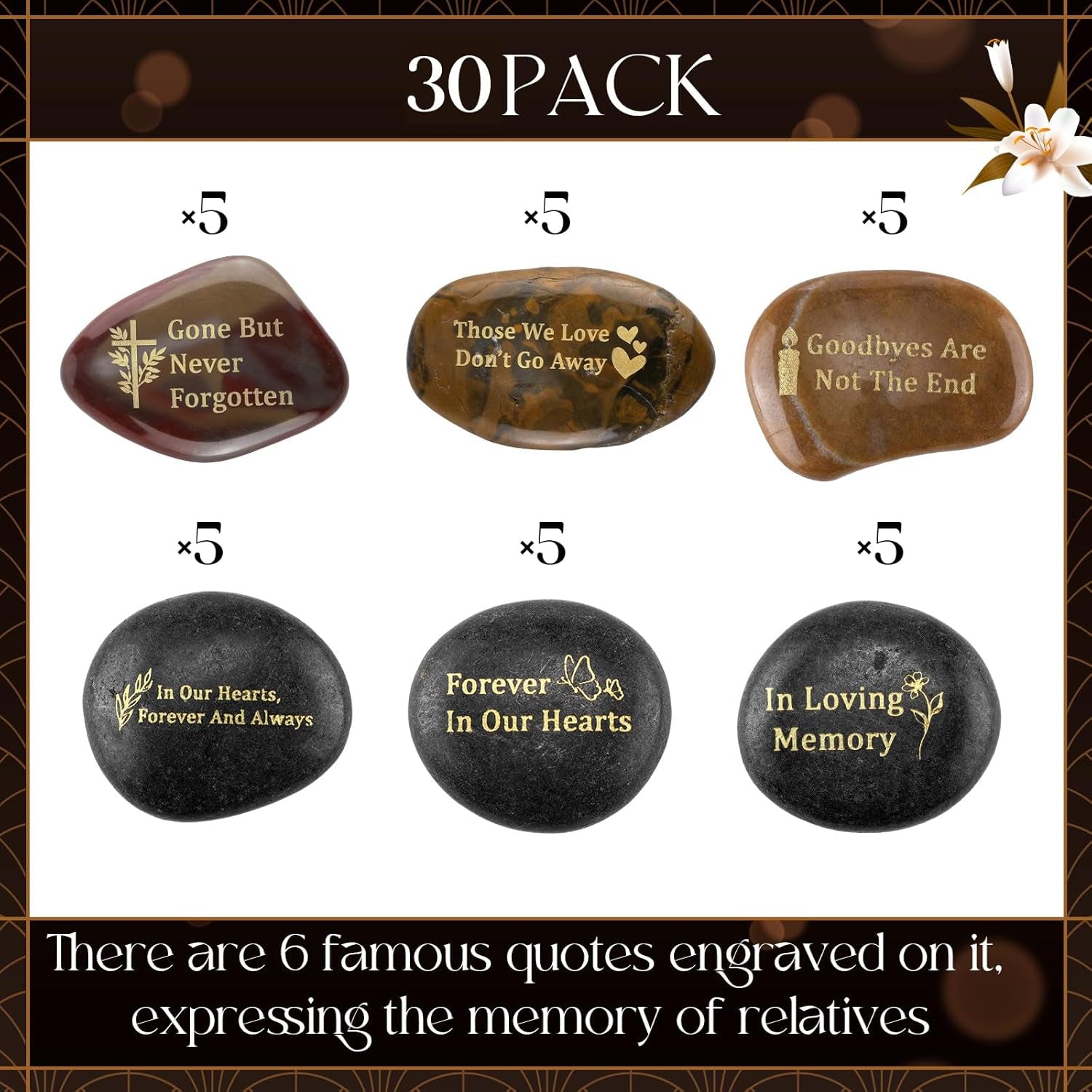 30 Pcs Memorial Stone 1.97 Inch Celebration of Life Favor Inspirational River Rock Engraved in Loving Memory Funeral Favor Decoration for Fathers Day Gift (Deep Color,Classic Style)