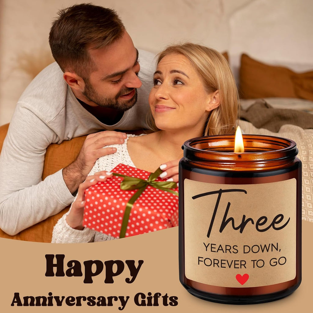 3 Year Anniversary Candle Gifts for Him Her Wife Boyfriend GF Husband - Leather 3Rd Anniversary Couple Gifts Ideas - 3Rd Year Wedding Anniv. Presents for Couples, Happy Third Anniv.