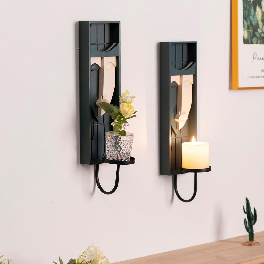 Set of 2 Boho Wall Decor, Modern Abstract Face Candle Sconces, Artistic Sculptural Design, 17.7 X 4.33 X 5.1 Inches, Blackish Green