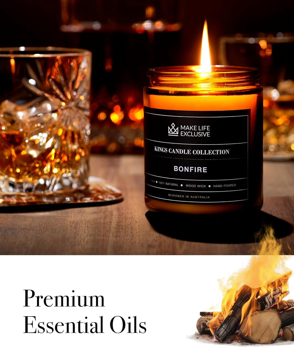 Scented Candles for Men | Bonfire, Mahogany & Teakwood Scented | Wooden Wick, Long Lasting, Masculine Scents | Natural Soy Jar Candle for Home, Bachelor Pad Decor | the Perfect Mens Gift.