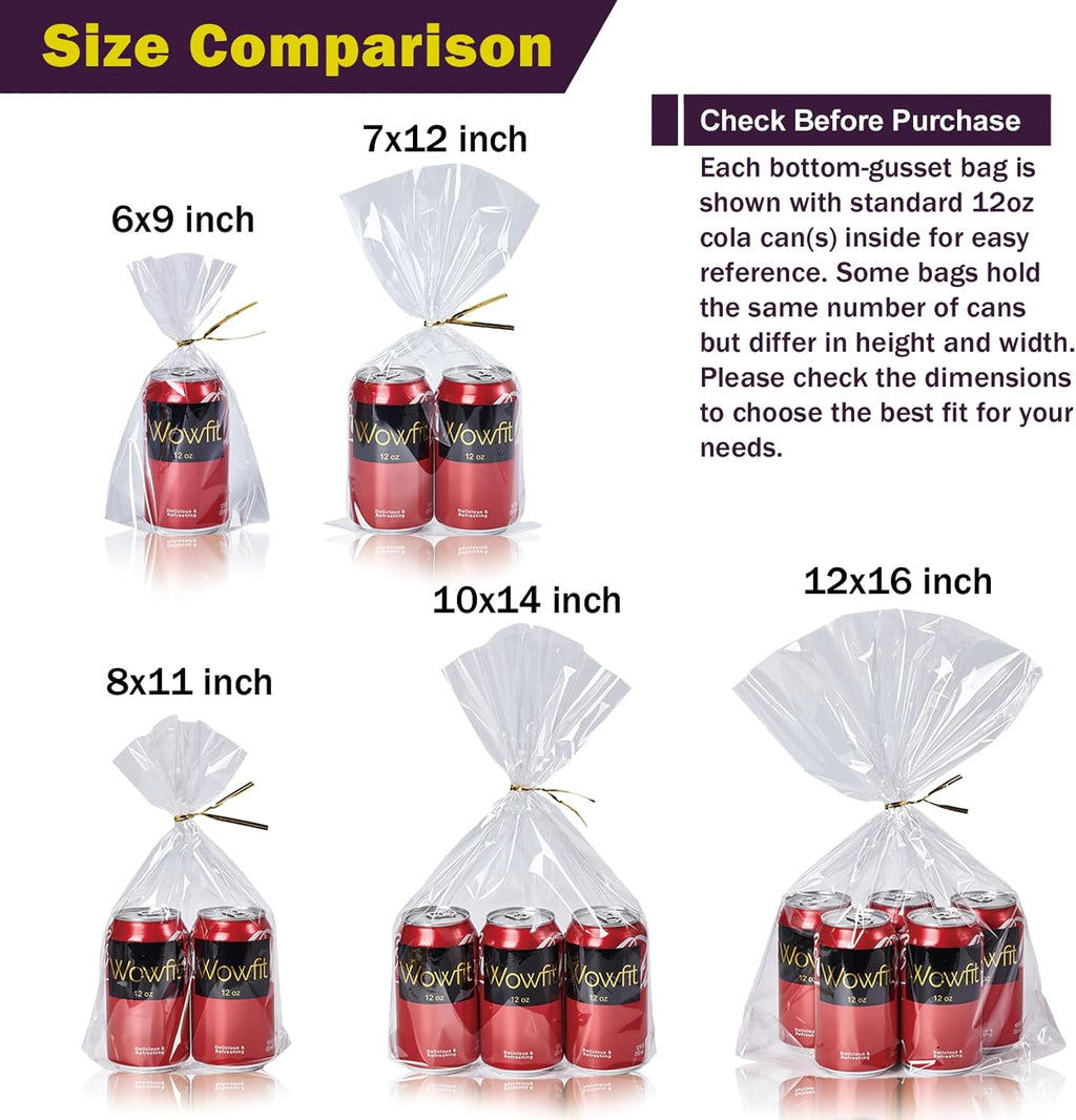 50 CT 12X16 Inches Large Clear Bottom Gusset Cellophane Gift Bags with 6" Gold Twist Ties, Cello Packaging for Baby Showers, and Wedding Gift Wrapping