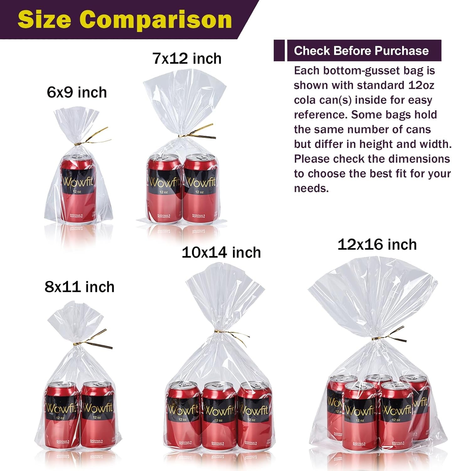 50 CT 12X16 Inches Large Clear Bottom Gusset Cellophane Gift Bags with 6" Gold Twist Ties, Cello Packaging for Baby Showers, and Wedding Gift Wrapping