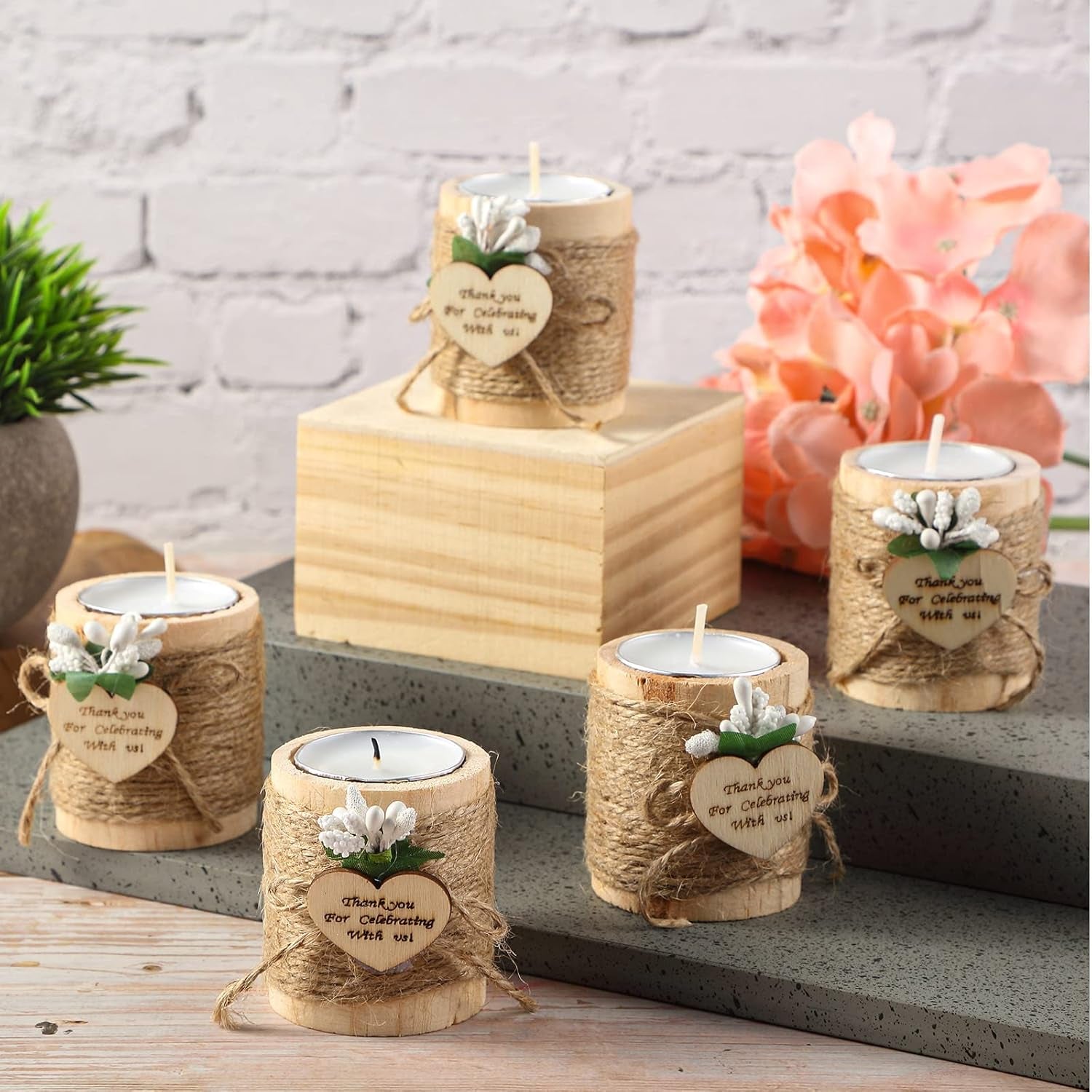 12 Pcs Wood Tealight Candle Holder Bridal Shower Tealight Holder Rustic Wooden Cylinder Candle Holders with Tea Lights Candles for Wedding Baby Shower Party Favors Gift(Natural Color)