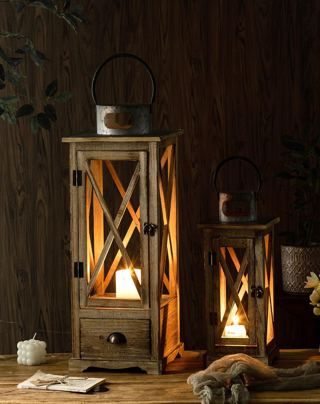 Large Farmhouse Wooden Candle Lantern Set of 2, Rustic Floor Candle Lanterns Wit