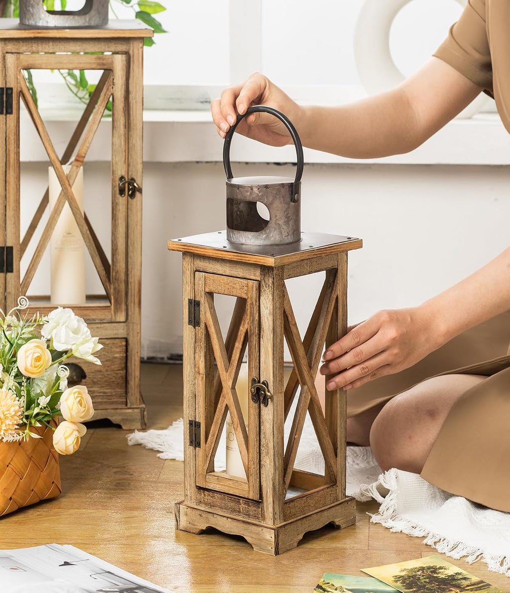Large Farmhouse Wooden Candle Lantern Set of 2, Rustic Floor Candle Lanterns Wit