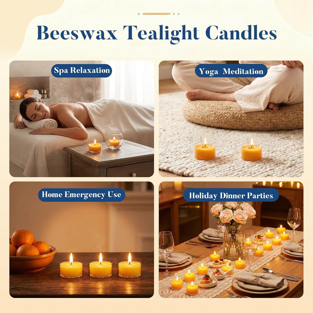 36 Pack Beeswax Tea Lights, 4-Hour Long Burning Tealight Candles, Ideal for Dinners Meditation Home Decor Tea Candles