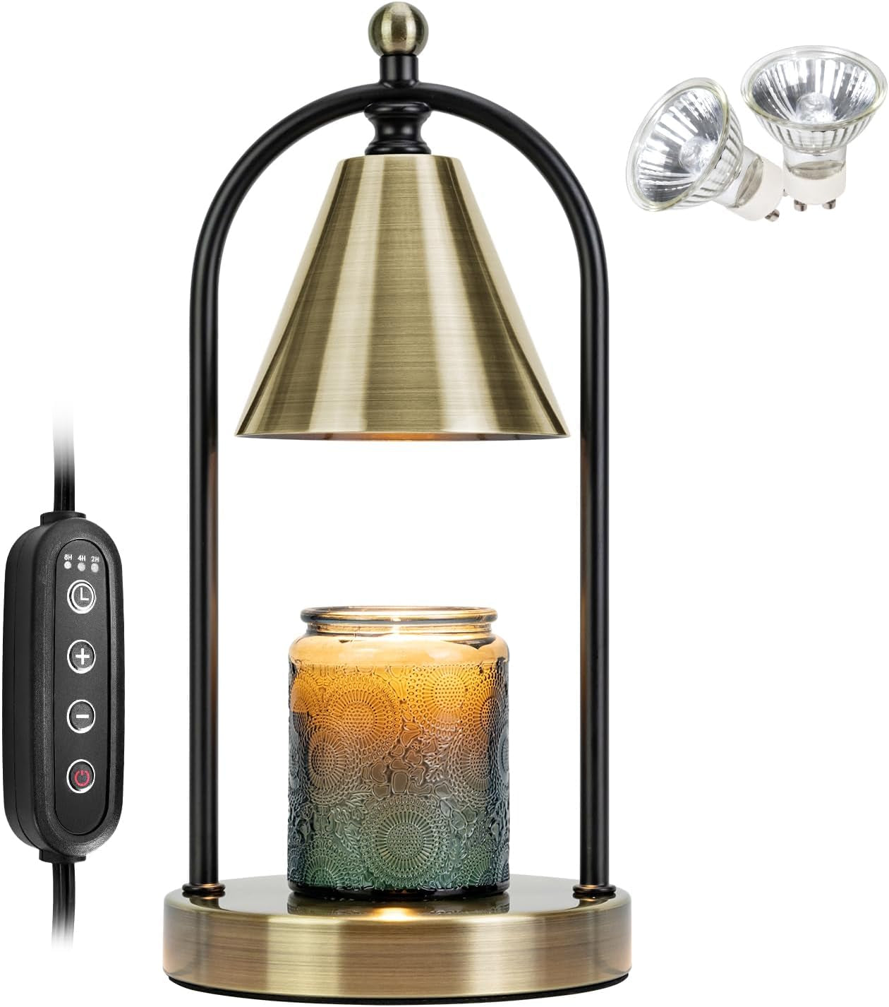Candle Warmer Lamp with Timer, Electric Brass Light for Dimmable Wax Melts and Candle Jars, Bedroom Lamp Gifts for Women Home Decor (2 Bulbs)