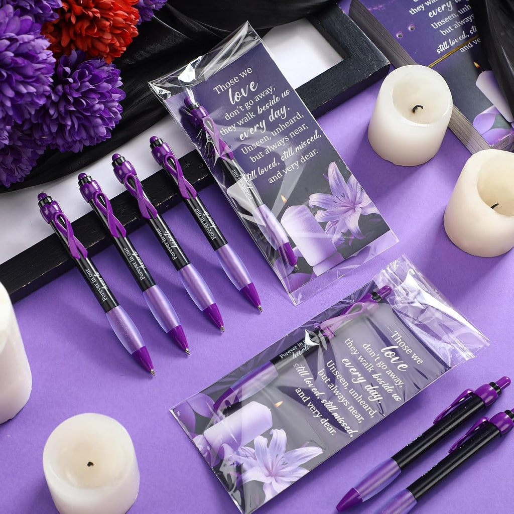 60 Set Memorial Funeral Favor for Guest Thank You Set - 60 Funeral Ballpoints and Prayer Cards, 100 Bags & Twist Ties, Sympathy Gift for a Memorial Service Purple Ribbon Awareness(Purple)