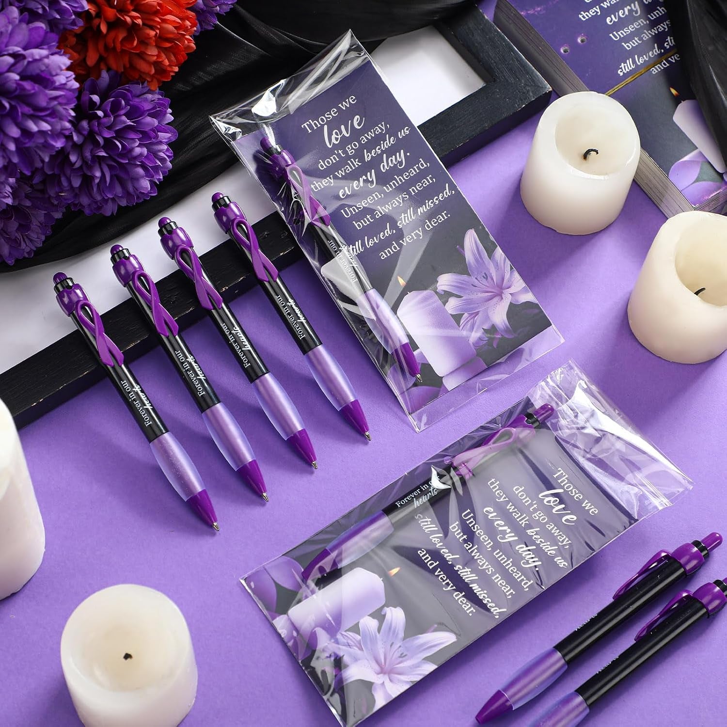 60 Set Memorial Funeral Favor for Guest Thank You Set - 60 Funeral Ballpoints and Prayer Cards, 100 Bags & Twist Ties, Sympathy Gift for a Memorial Service Purple Ribbon Awareness(Purple)