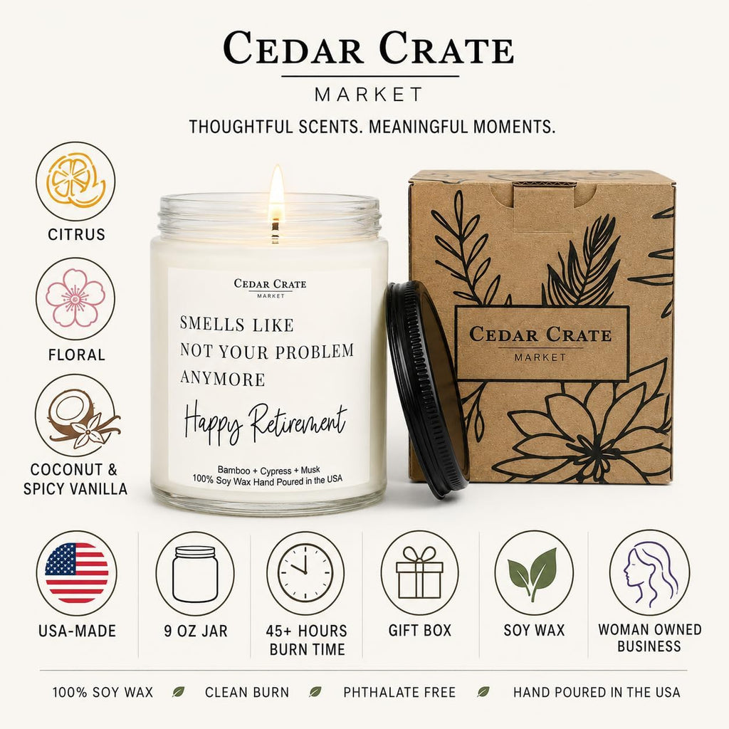 Humorous Retirement Gift Candle | Smells like Not Your Problem Anymore | Happy Retirement Hand Poured Soy Wax Jar Candle | Funny Bamboo Cypress Scented | USA Made Eco Friendly
