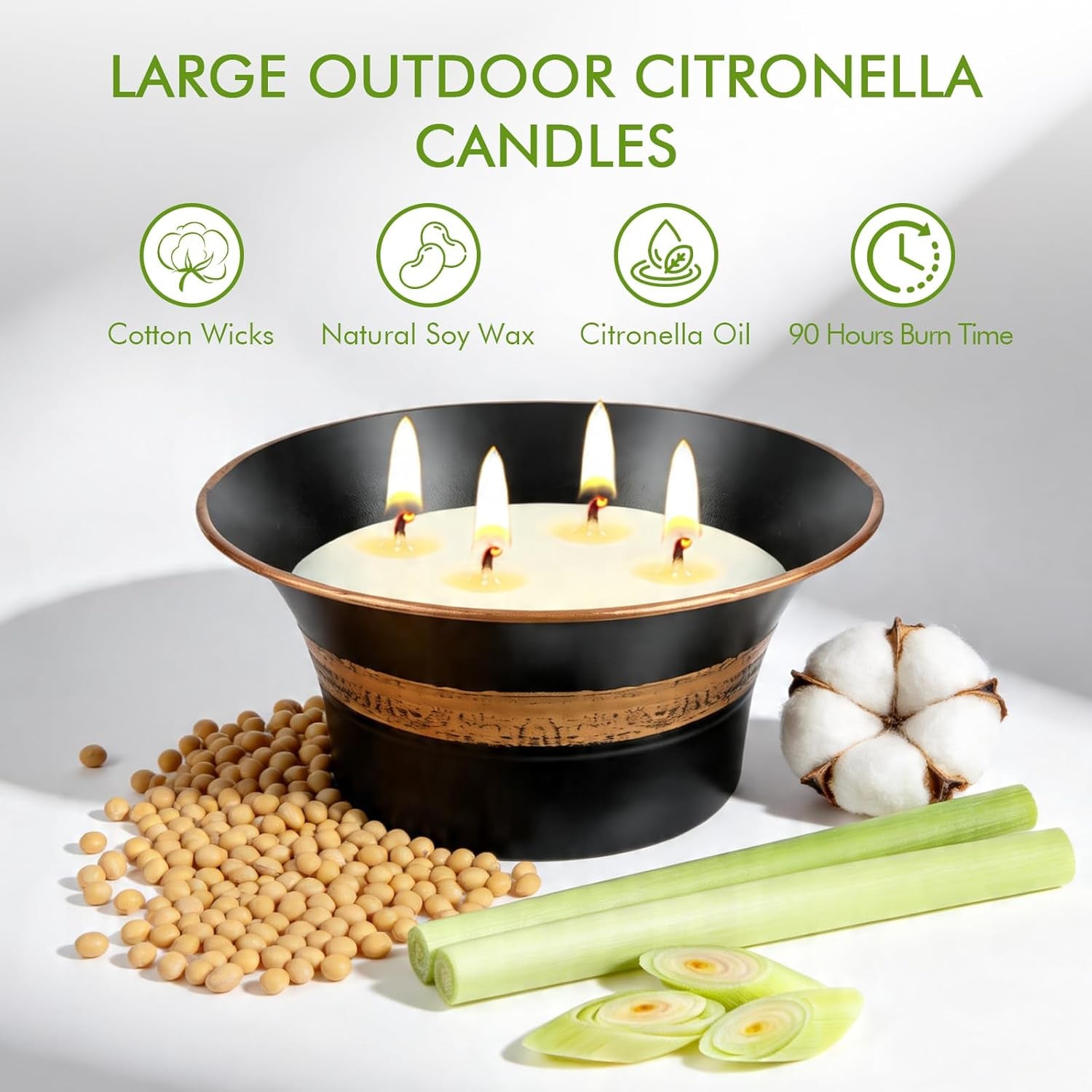 Citronella Candles Outdoor, 4 Wick Large Citronella Candle, 90 Hours Long Lasting Burn, 18 OZ Natural Soy Wax Candles for Patio, Backyard, Camping, Deck, Balcony, Garden, Indoor and Summer Parties
