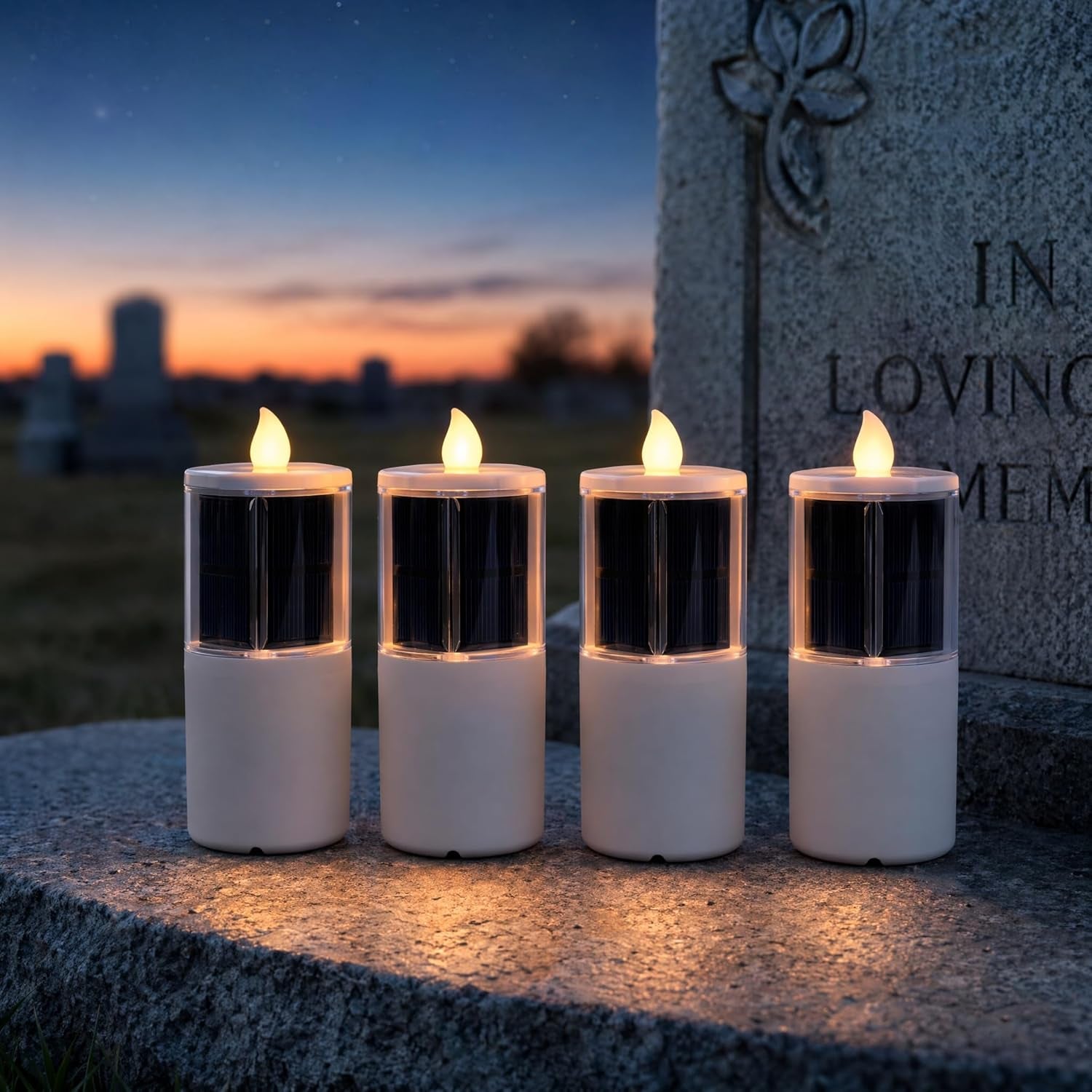 Solar Candles for Cemetery, 2.5"X6.5" Dusk to Dawn Memorial Grave Candle, Outdoor Waterproof Eternal Flame for Gravesite, Permanent Replacement for Traditional 7-Day Burning Candle (Set of 4)