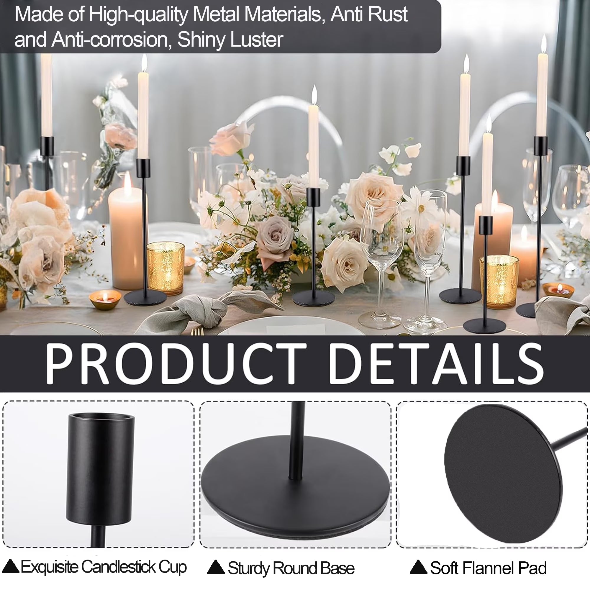 Matte Black Taper Candle Holders, 6 Pack Metal Candlestick Holders for Wedding, Dinning, Party