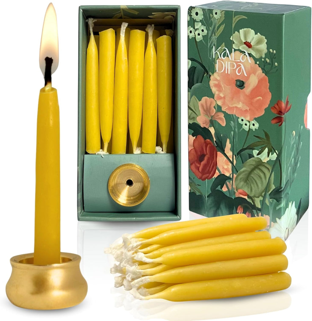 20 Minute Beeswax Meditation Candles – Set of 20 Mini Taper Candles with Brass Candle Holders, Dripless & Smokeless – Ritual, Yoga & Mindfulness Gift –