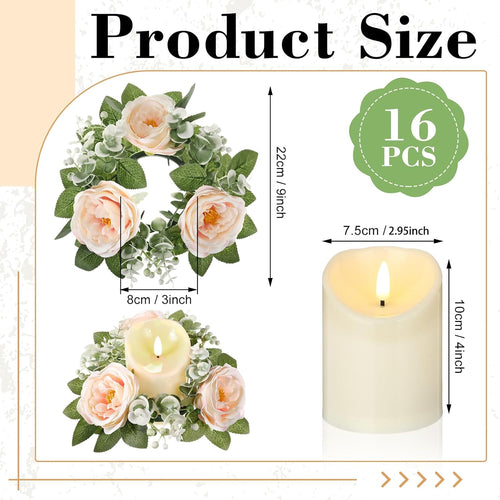 16 Set Rose Candle Rings Wreaths 3 Inch Center with Flameless LED Candles Artificial Rose Light Garland Fake Electric Votive Tealights Bulk Funeral Wedding Table Centerpieces Decor(Champagne)