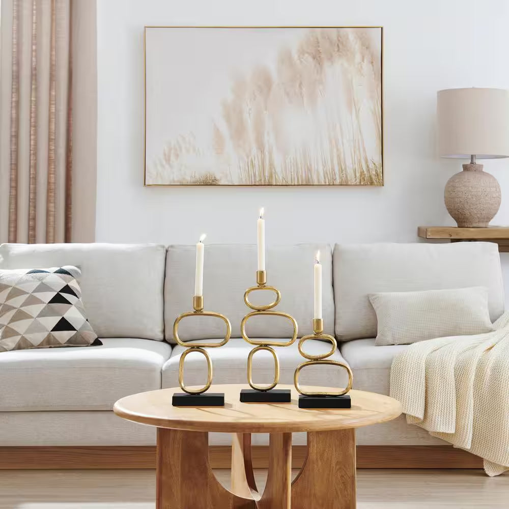 Eduardo Midcentury Modern Geometric Sculpted Gold and Black Candlestick Candle Holders - Set of 3