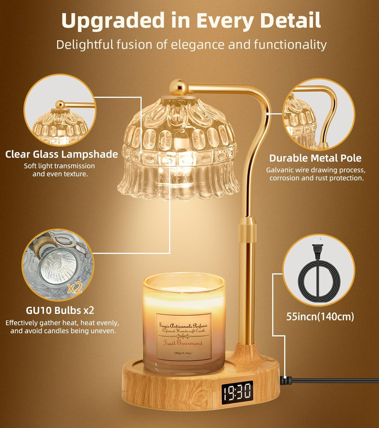 Candle Warmer Lamp with Timer | Adjustable Height & Dimmable | Base Control with GU10 Heating Bulb | Stylish Flameless Wax Melter for Large Jar Candles | Ideal Gift for Home Room Decor
