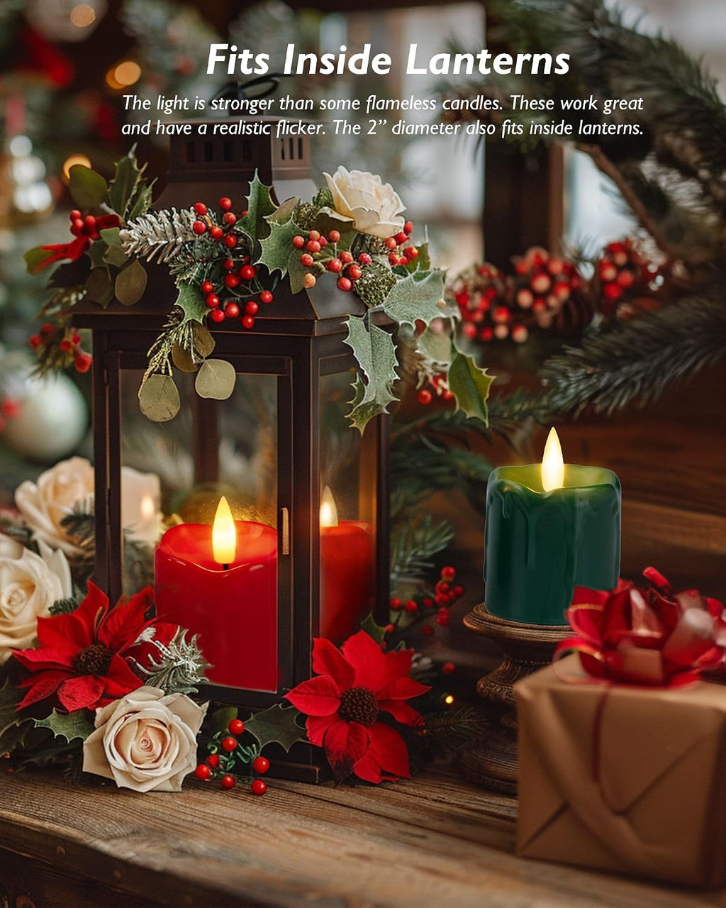 2" X 2" Green & Red Timer Flickering Flameless Candles, 400+ Hour Battery Operated Votive Candles, 6Pack 3D Wick Electric Fake Candles for Party, Christmas, Halloween and Festival Celebration