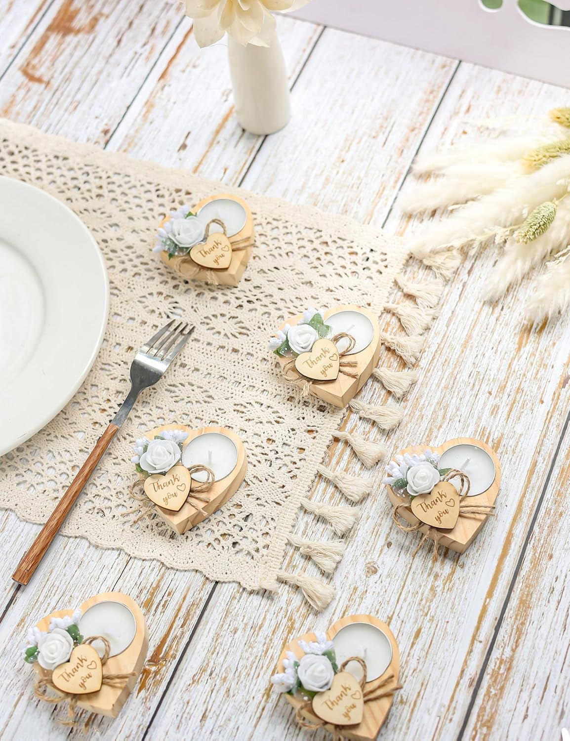 50 Pcs Wooden Tealight Set with Heart Candle Holder for Wedding Favors for Guests, Christmas Party Favors, Birthday Party Favors, Return Favors, Bridal Shower Favors.(50 Pieces)