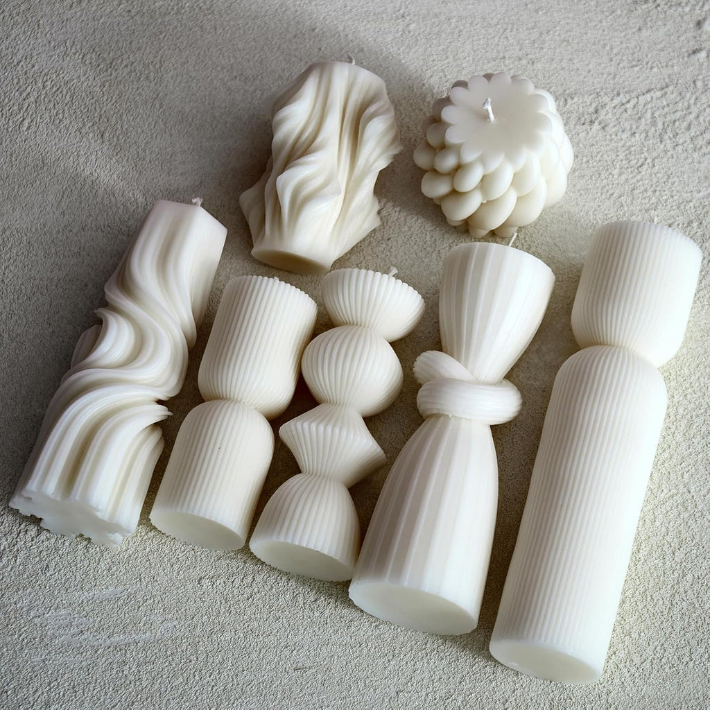 7-Pack Pillar Candles - Soy Wax Handmade Ribbed Candles for Home Decor, Housewarming Gift, Shelf & Table Decor - Aesthetic Modern Candles Set (White)