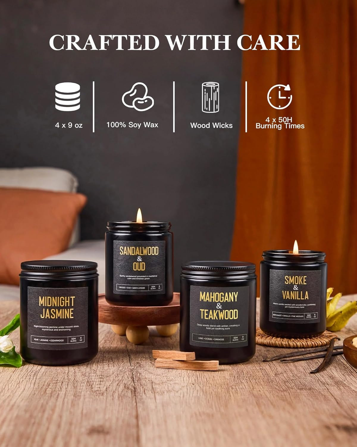 Men'S Candle Gift Set, 4 Pack Crackling Wood Wick Soy Scented Candles, 36Oz Masculine Aromatherapy Candles for Home, up to 200H Burn Time, Thoughtful Gift for Fathers, Husbands and Men