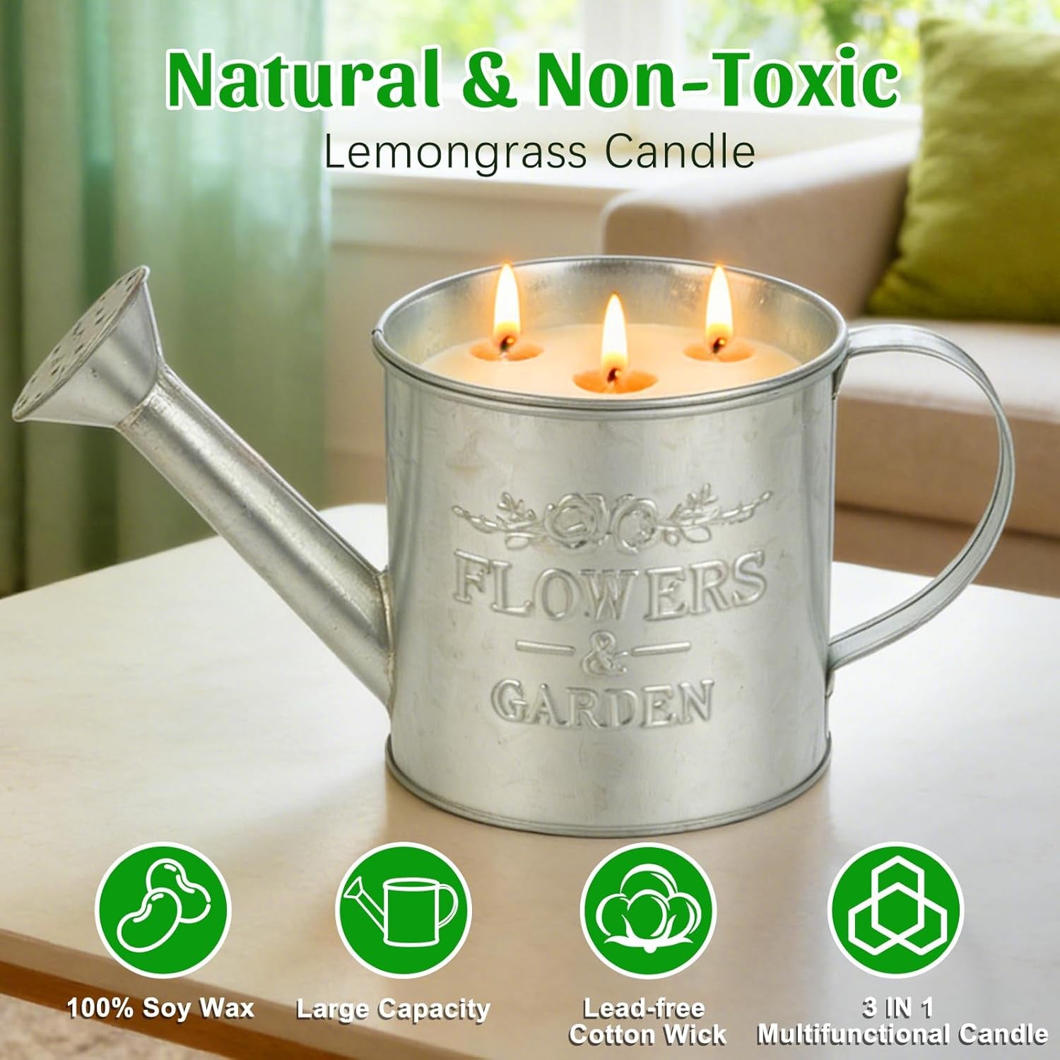 Citronella Candles Outdoor,20Oz Large 3-Wick Citronella Candle for Outside,Natural Soy Wax Candle for Patio,Yard,Home Decor,Backyard & Camping,Lemongrass Candles & Watering & Planting 3 in 1