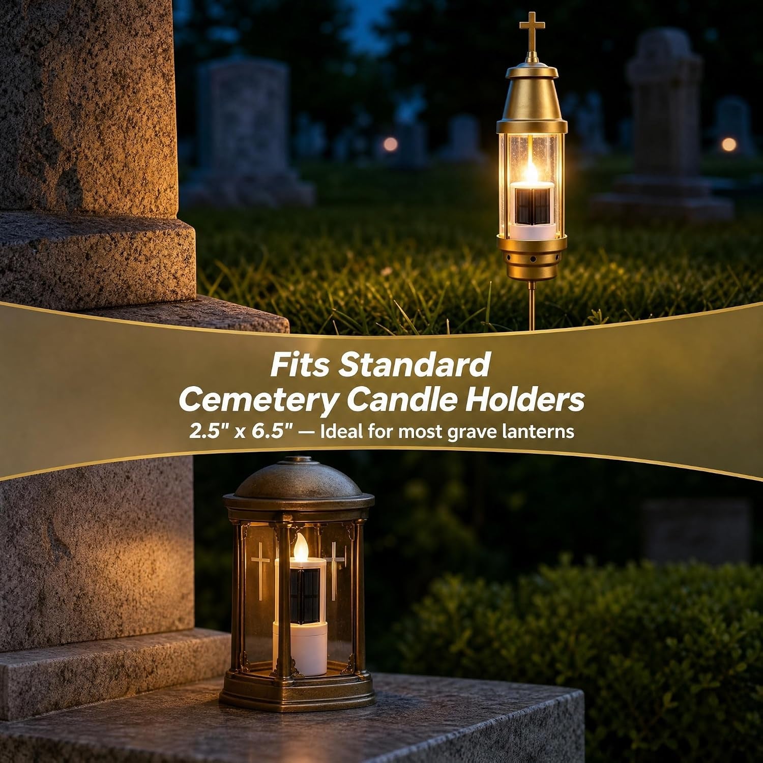 Solar Candles for Cemetery, 2.5"X6.5" Dusk to Dawn Memorial Grave Candle, Outdoor Waterproof Eternal Flame for Gravesite, Permanent Replacement for Traditional 7-Day Burning Candle (Set of 4)