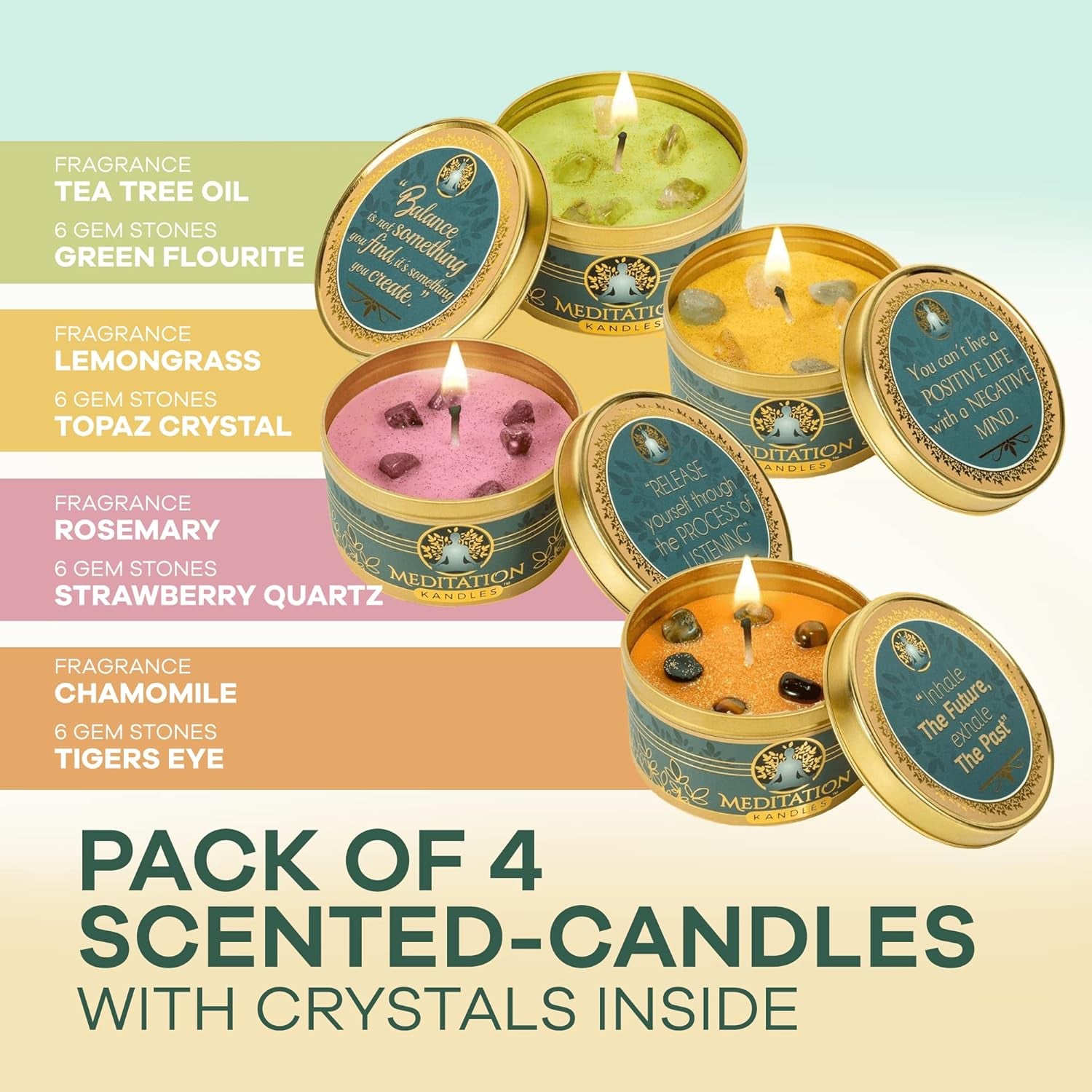 Meditation Candles with Crystals | Natural Aromatherapy Candles for Relaxation & Healing | Stress Relief Candles for Yoga, Meditation & Self Care | 5Oz Each 4 Pack Gift Set