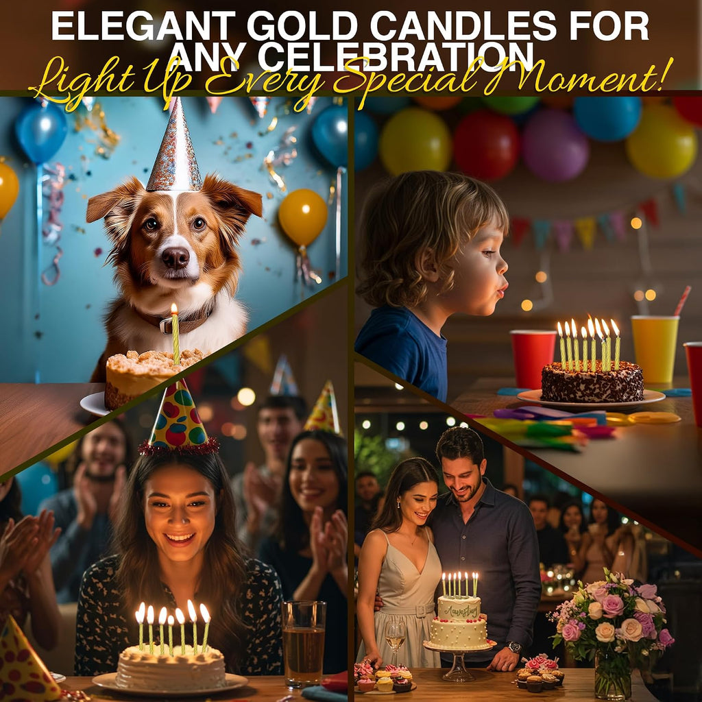 Birthday Candles, Gold Birthday Candles for Cakes, Pack of 12 Party Spiral Candles with Gold Candle Holders, Candles for Wedding, Birthday, Party Decorations, Anniversary and Meetups