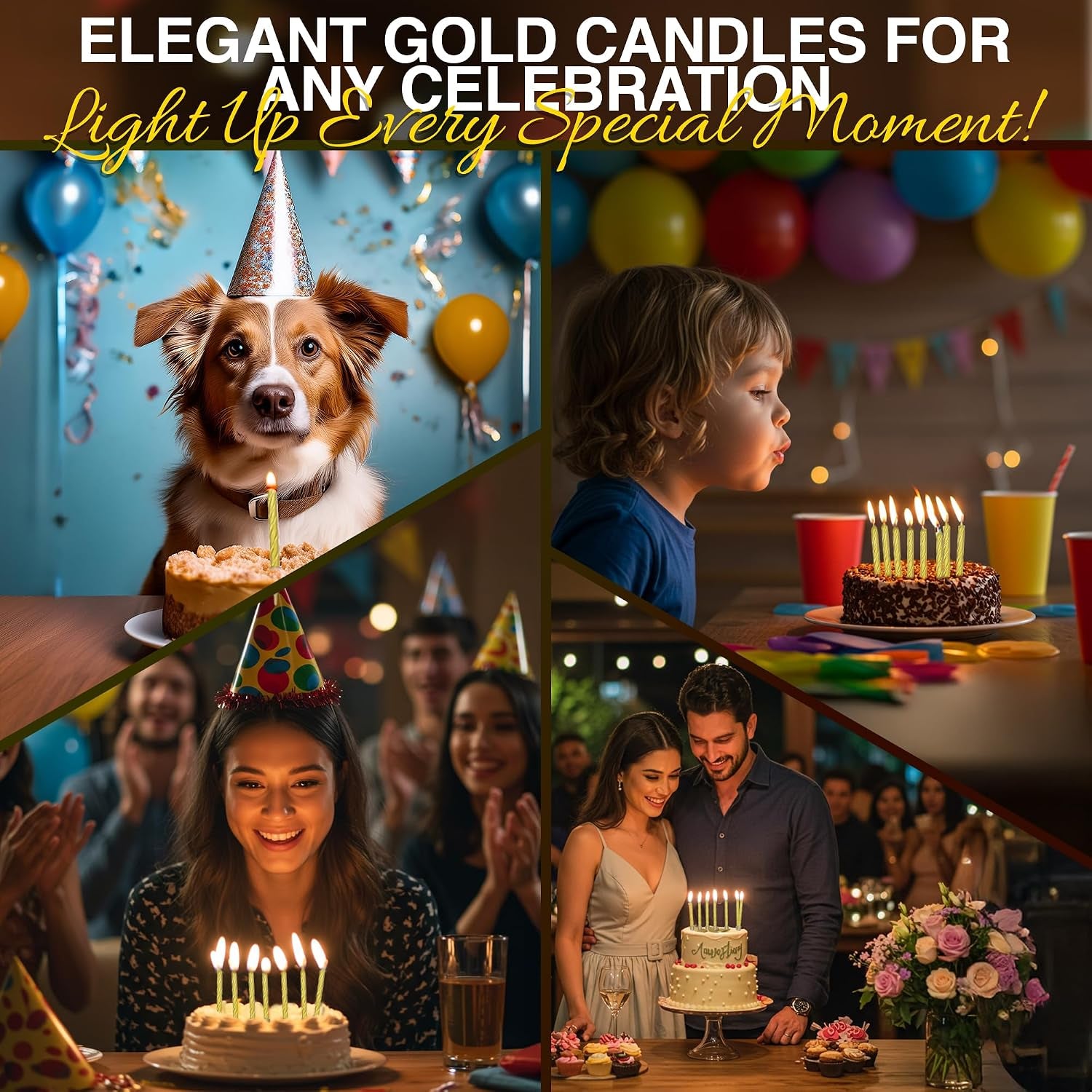 Birthday Candles, Gold Birthday Candles for Cakes, Pack of 12 Party Spiral Candles with Gold Candle Holders, Candles for Wedding, Birthday, Party Decorations, Anniversary and Meetups